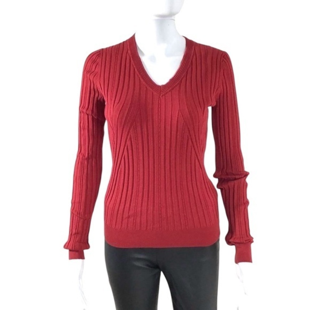 Cabi Red Silk Blend V-Neck Long Sleeve Ribbed Knit Sweater Size Small Ca…